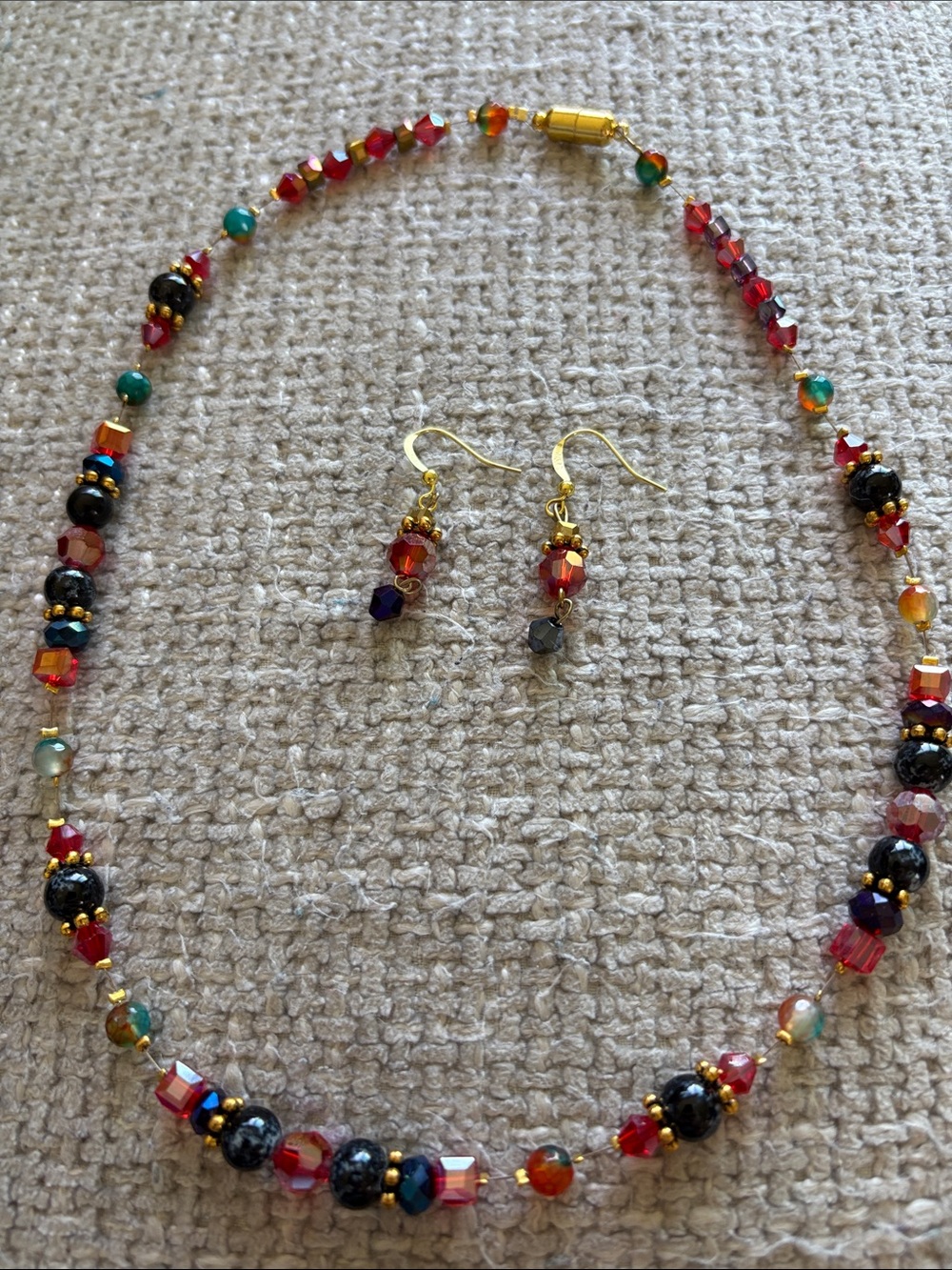 Handcrafted Red Multicolor Beaded Necklace and Earrings Set